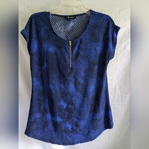 Lily Morgan Blue Black Cap Sleeve Graphic Top Zipper Blouse Ladies Small